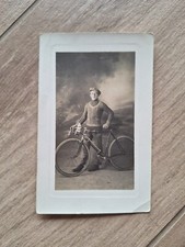 Old postcard photo cyclist man and his racing bike 1930