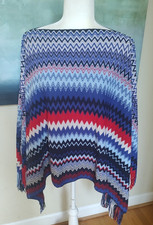 MISSONI- Navy Blue Red Zigzag Knit Fringe Poncho ITALY Patriotic