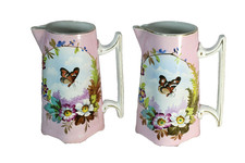 pair antique Signed Mouzin lecat nimy 1900 porcelain pitcher ewer vase butterfly