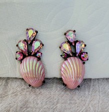 Vintage Signed Schiaparelli Clip Earrings Pink Iridescent Shell & AB Rhinestones