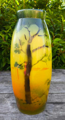 Vase verre peint signé - vase,