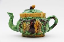 1900s Portuguese Palissy Ware Faux Bois Hunting Tea Pot, Antique