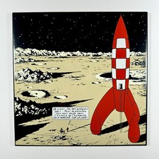 PLAQUE EMAILLÉE TINTIN MARCHE SUR LA LUNE 35 X 35