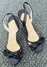 Auth.CHRISTIAN LOUBOUTIN Black Grusanda Glitter Bow Sling Back Sandals Size 38.5