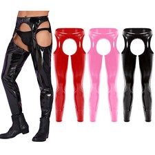 Mens PVC Leather Skinny Suspender Tights Chaps Pants Latex Bottomless Clubwear