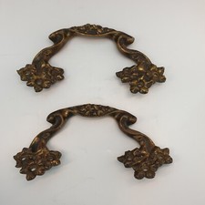 2 Beautiful Bronze Dresser Drawer Handles Signed Flower Decor