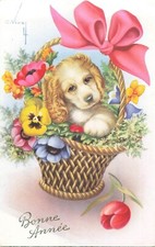 ILLUSTRATED CP GOOD YEAR BASKET DOG FLOWERS RIBBON - 43417