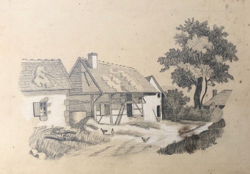 Dessin ancien poules devant - ancien,,