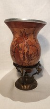 Unk. Origin Carved Gourd (Vase?) with 3 Dragon Stand (Brass?) - Western Scene