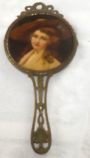 Beautiful Antique Gilded Bronze Beveled Portrait Of A Pretty Woman Hand Face Mirror