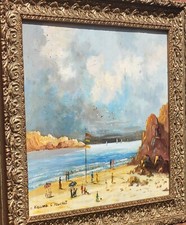 Signed CHRISTOPHE RIELLAND Animated Beach Painting Oil on Wood Panel