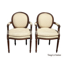 Pair Vintage French Louis Fauteuil Round Back White Chairs