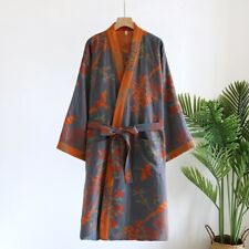 Women's Kimono Muted Blue-Grey Dressing Gown – Cotton Robe with Birds Pattern