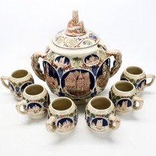 Gerz Rumtopf Punch Bowl Tureen 6 Mugs Castle Stoneware West Germany MCM 1960s