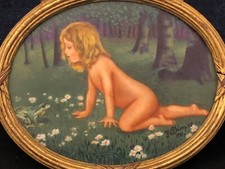 ART DECO painting on porcelain Y. Demias 1921 child with frog frame 