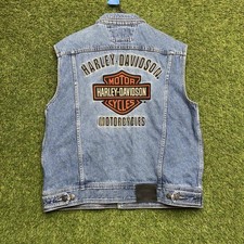 Harley Davidson Denim Vest Mens Medium Biker Embroidered Grunge Jean Riding 90s