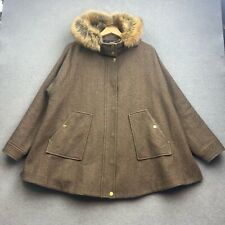 JOULES Tweed Cape Womens M Green CAROLYN Wool Fur Trim Zip Poncho Mr Toad Pocket