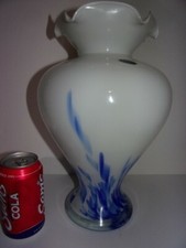 Murano Lavorazione Hand Blown 13" Vase Blue & White Arte Glass, Made in Italy