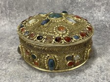 Grande Boite à Bijoux Laiton Doré incrustée Pierres Semi-Précieuses Agates 1950