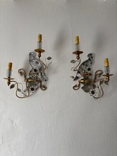 ~French Maison Bagues Parrot Crystal Bird Flower Sconces Signed c 1940~