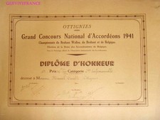 DIPL375 - HONORARY DIPLOMA ACCORDION COMPETITION OTTIGNIES 1941 BELGIUM