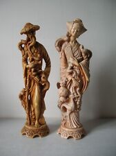 Lot de 2 anciennes statues asiatiques homme femme chinois japonais en résine n°7