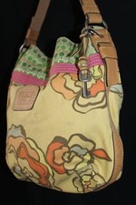 Fossil Leather Trimmed Colorful Floral Canvas Bucket Purse Bag