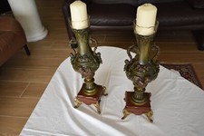 19th Antique French 19th Pair of Marble Red Griot & Bronze Candlesticks