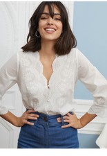 Sezane women's embroidered V-neck wavy white shirt