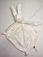 Doudou Plat/Mouchoir Triangle Lapin Blanc Fleur/Etoile Rose Jaune Noeud Bouchara