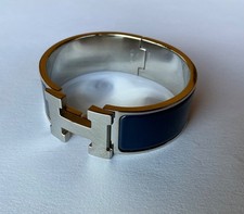 HERMES PM size Navy Blue Enamel Palladium HW Clic Clac H Bangle Bracelet