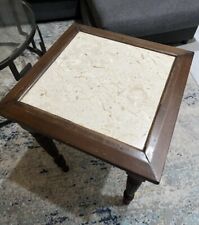 Antique travertine marble inset top side table with corn cob style carved legs