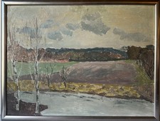 Ölbild Impressionniste Large Paysage Avec 2 Bouleaux Anonyme 64,5 X 84,5 CM