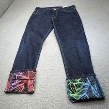 Evisu Jeans Mens 36x34 Blue Japan Fabric Rainbow Seagull Button Fly Printed Cuff