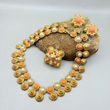 Vintage Etruscan Revival Parure Necklace, Earrings & Brooch Faux Pearl & Coral