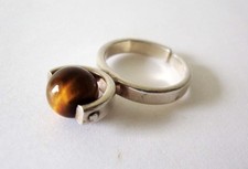 Bague moderniste argent et oeil de tigre poinçon 800 vintage années 60 ajustable