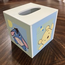 Vintage 1990s Winnie The Pooh Kid's Nursery Tissue Box Cover Wood Cube 5.5"