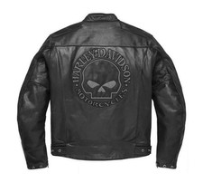 Harley Davidson Men's Reflective Skull Leather Biker Jacket CUIR Motorcycle