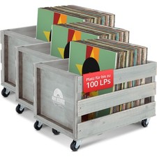 3x Rangement Vinyles Caisse Range en Bois Retro 100 LP Disques 4 Roulettes Gris