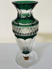 Val St. Lambert, Art Deco Emerald Green Cut to Clear Crystal Vase-signed  9 3/4”