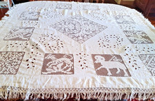 Tablecloth-early 20th century embroidered and lace with nets, fringed entourage-134 cmx134 cm