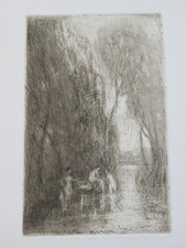 Ecole FRANCAISE XIX EAU FORTE PAYSAGE FEMME BAIN IMPRESSIONNISTE COROT DELATRE c