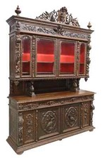 Antique Sideboard, Hunt, French Henri II Style, Carved, Oak, Beveled Gl, 20th C.
