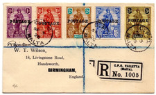 1926 Malta "POSTAGE" Overprint On Cover Melita Issue to Birmingham UK Registered