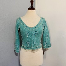 Maison Blanche Women Teal Embellished Vintage Beaded and Tasseled Blouse Size 36