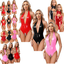 Women PVC Leather Open Chest Exposing Latex Catsuit Bodysuit Lingerie Teddies