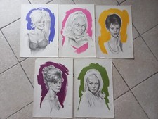 ASLAN -  LOT DE 5 AFFICHES / POSTERS DESSINS AU CRAYON PAPIER SUR FOND COULEUR