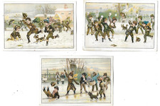 3 anciens chromos fin XIX e h. 7 cms jeux d 'hiver patin et boules de neige