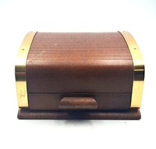 1930 Wood & Brass Cigarette Box - Curtain Lid - Glass Ashtray.