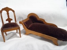 VTG Dollhouse Miniatures German Brown Velvet and Wood Chaise & Kitchen Chair